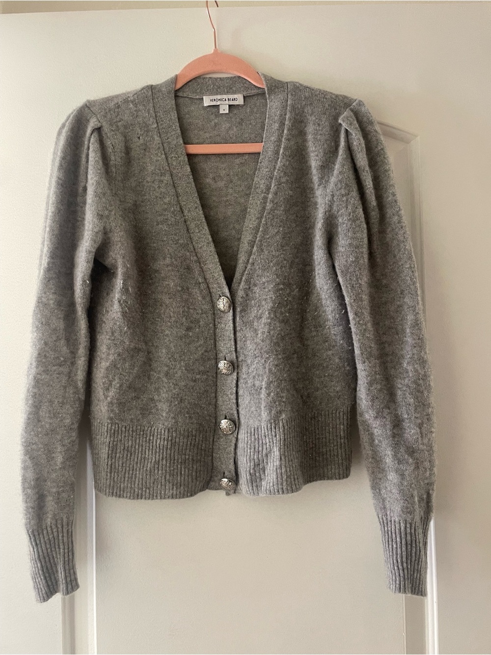 Veronica Beard Heather Gray Cashmere Puff-Sleeve V-Neck Cardigan